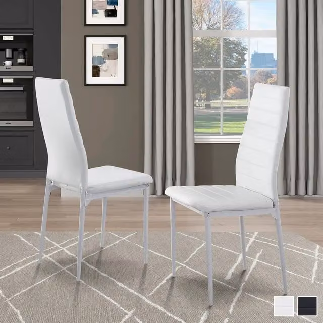 Livingandhome Set of 2 White PU Leather Retro Dining Chairs with Metal Legs