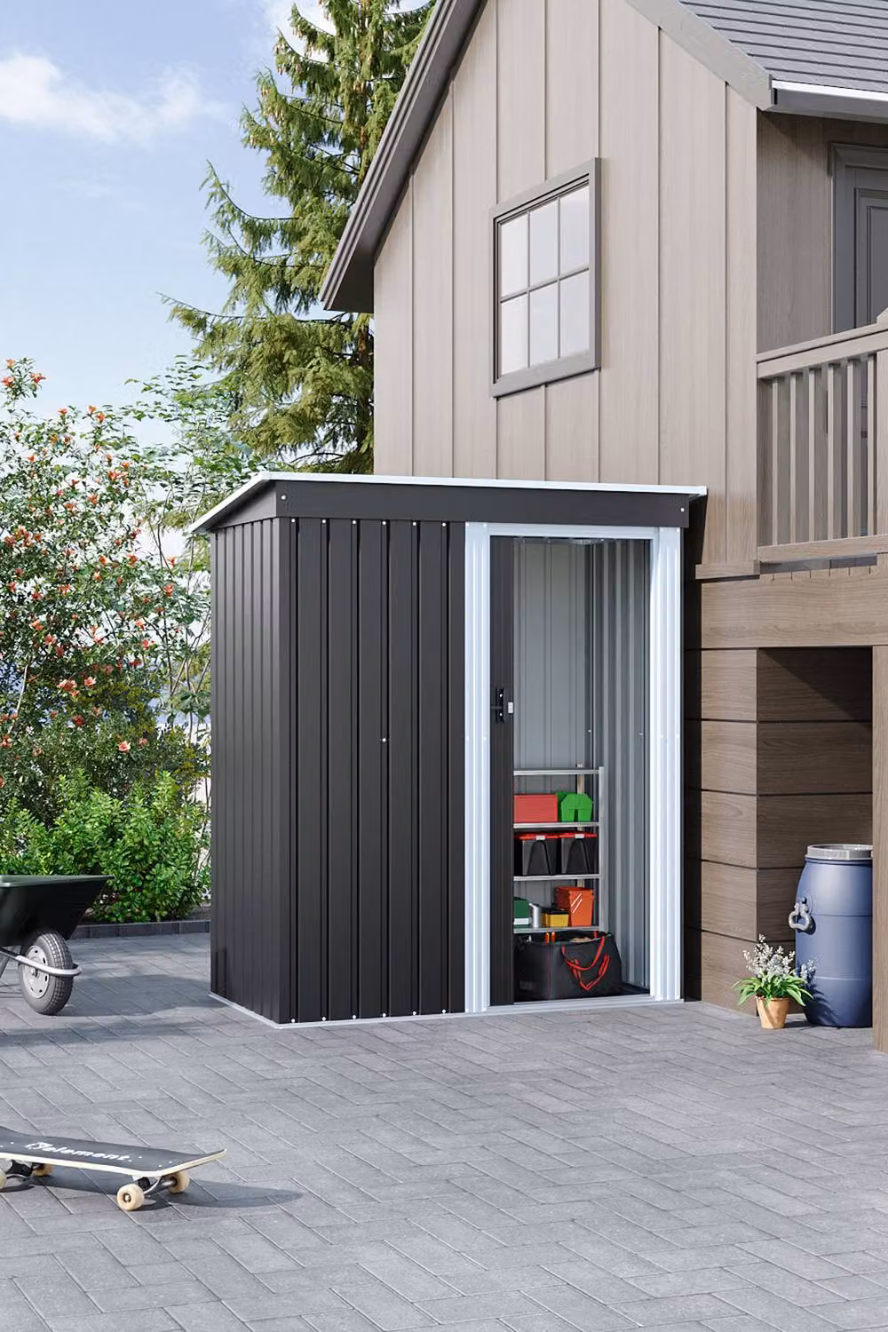 Living and Home Black Metal Outdoor Storage Shed with Lockable Sliding Door, W: 91.44 cm, D: 152.4 cm, H: 182.88 cm – 3
