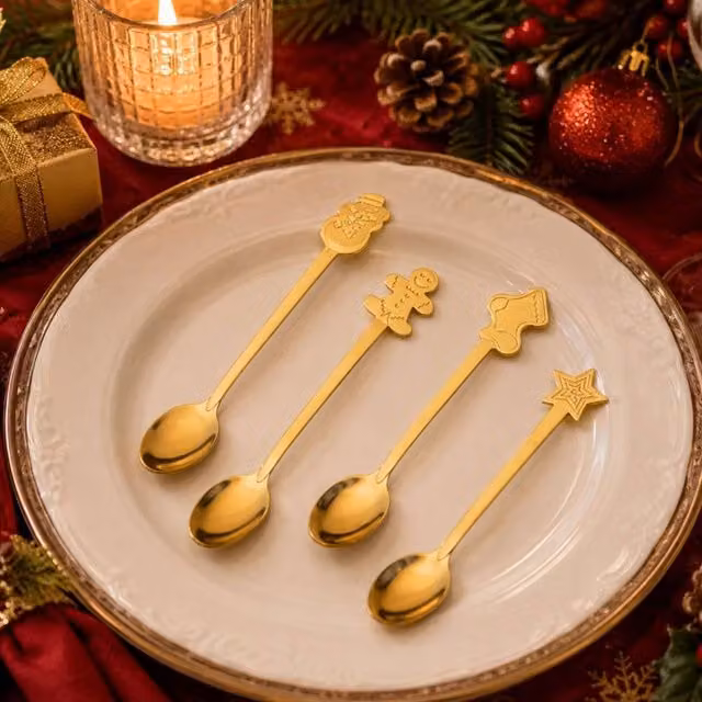 Lovii Set of 4 Polished Gold Stainless Steel Christmas Dessert Spoons – 1