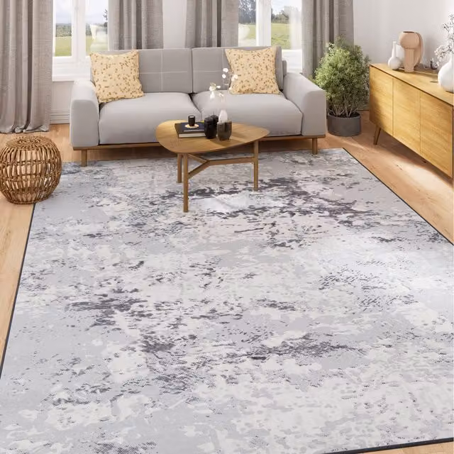 The Rug House Silver Abstract Washable Rectangular Rug in Grey, Silver and White, 160 cm