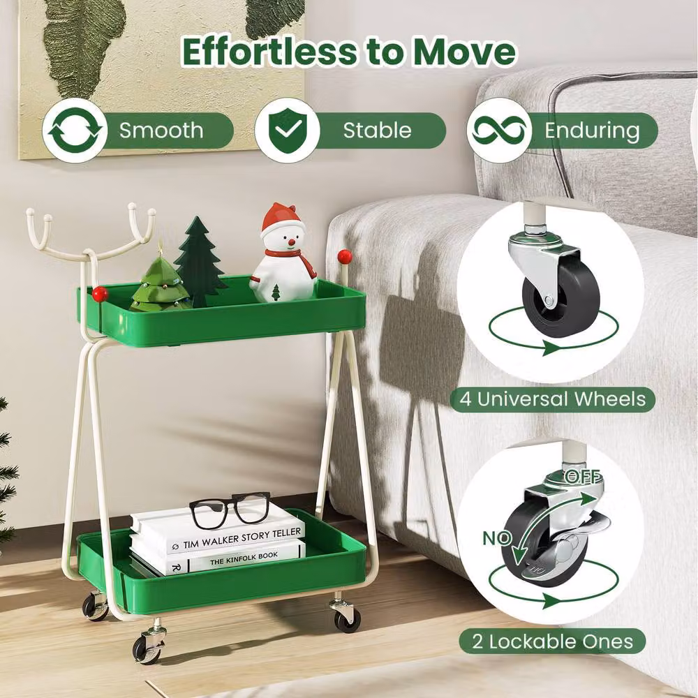 Costway 2-Tier Metal Rolling Cart in Matt Green – 3