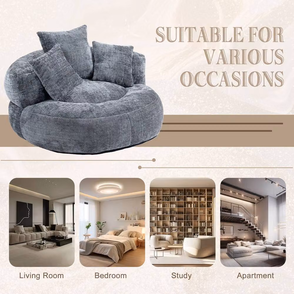 Matteo Grey Chenille High Back Lazy Sofa Lounger Bean Bag Chair with Pillows – 3