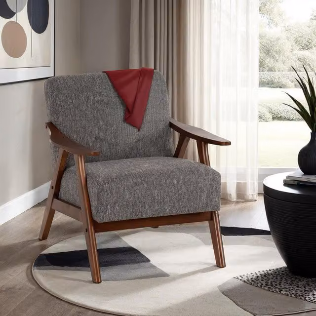 Seconique Kendra Mid-Century Accent Chair with Armrests in Grey Fabric and Solid Wood Frame