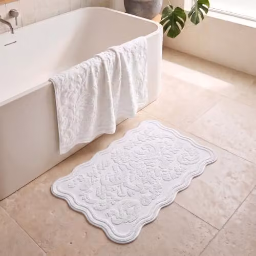 Allure Bath Fashions Gracie Jacquard Scalloped Bath Mat, White 100% Cotton Vintage Floral Rectangular Rug – 2