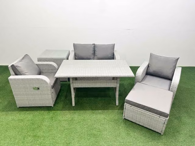 Fimous 5 Seater Light Grey PE Wicker Rattan Garden Furniture Set with Reclining Chair, Rectangular Dining Table and Footstool