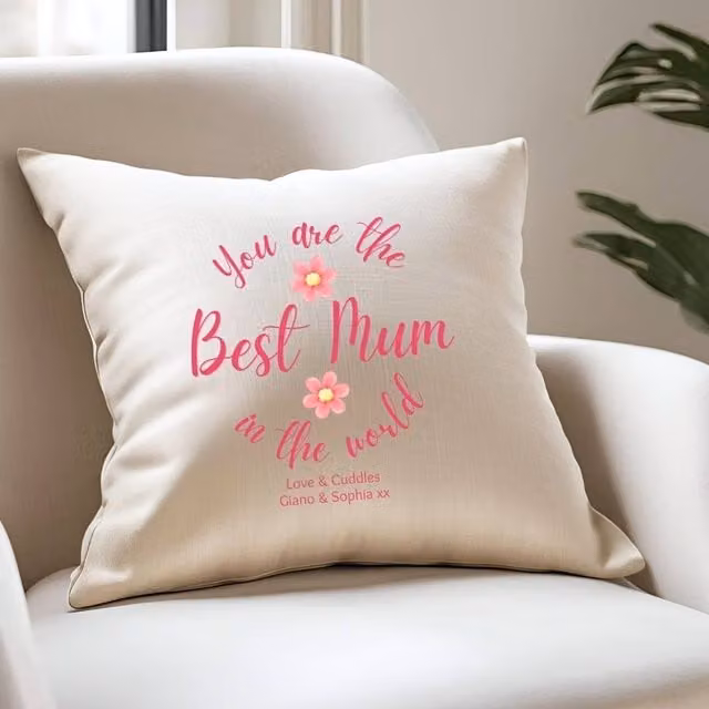 Aye Do Gifts Personalised You're The Best Mum In The World Cushion, Cream and Pink Floral, W/D/H: 40 x 40 x 40 cm