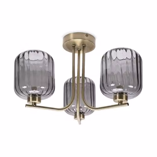 ValueLights Gold 3 Way Ceiling Light Fitting with Smoked Grey Ribbed Glass Shades