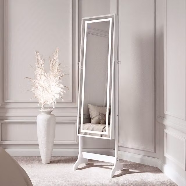 CARME Modern White Freestanding Mirrored Jewellery Cabinet with LED Lighting and Internal Shelves