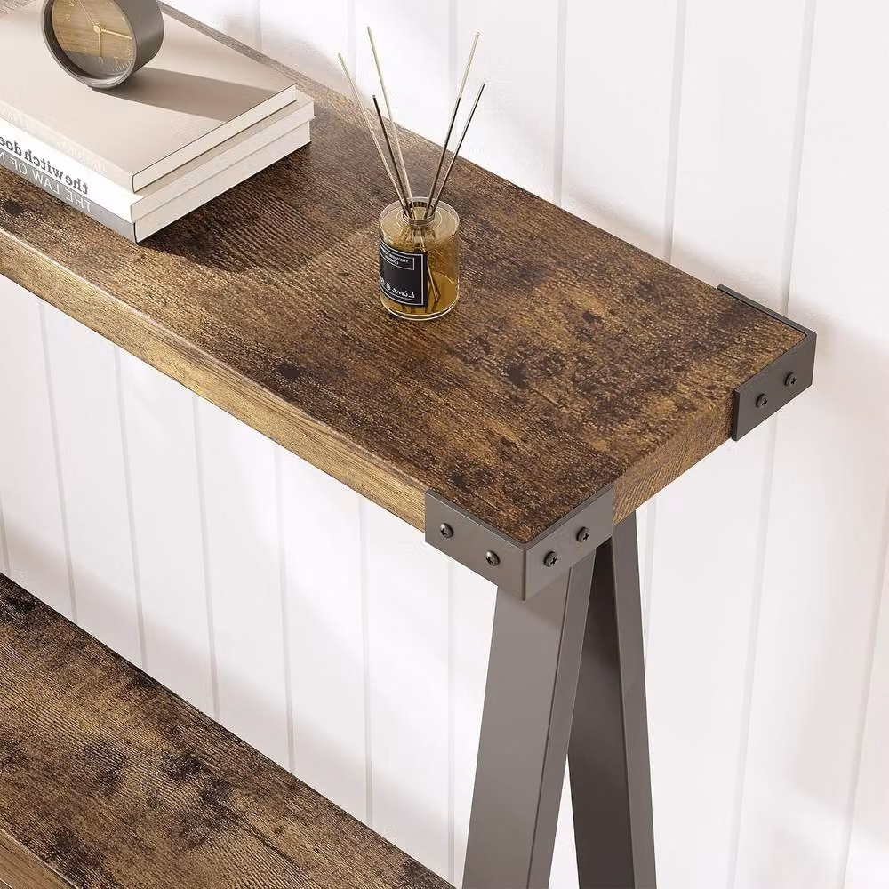 London Boutique 2-Tier Narrow Console Table with Shelf in Brown – 4