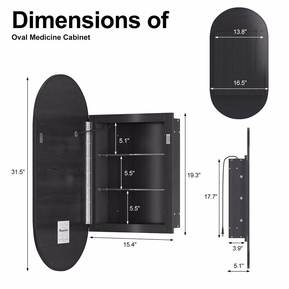 KEEPREAPER Modern Black Wall Mounted LED Bathroom Mirror Cabinet with Sensor Switch, W: 42 cm, H: 80 cm – 5