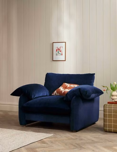 Barker and Stonehouse Orson Navy Blue Chenille Snuggle Chair with Armrests and Feather Filling