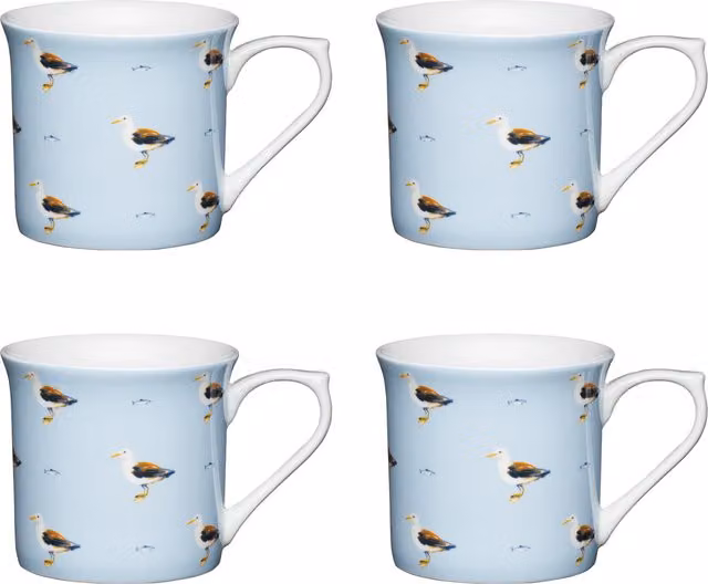 KitchenCraft Seagull Fluted Ceramic Stoneware Mugs, Set of 4, White and Blue