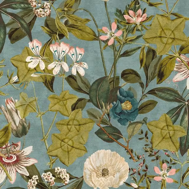 Clarke & Clarke Passiflora Floral Velvet Fabric Panel in Mineral Blush, Pink, Blue and Multicolour