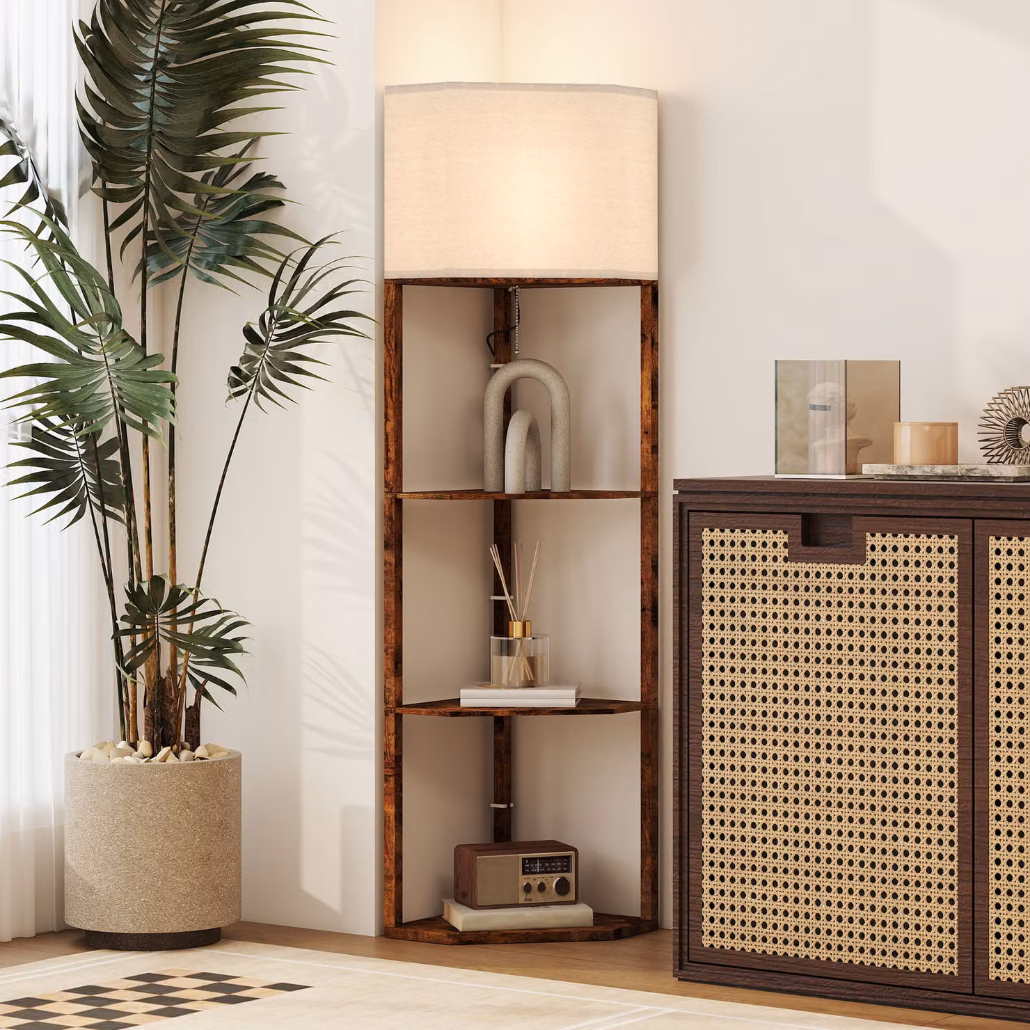 HOMCOM Modern Corner Floor Lamp with Shelves in Rustic Brown – 2