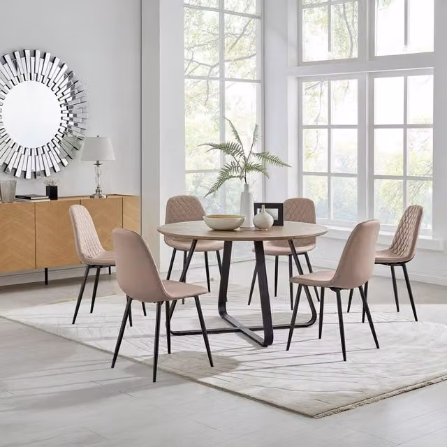 FurnitureboxUK Santorini Brown Round Dining Table and 6 Corona Black Leg Chairs Set, Diameter: 120 cm