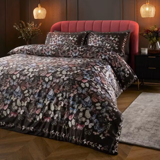 Soiree Papillon Reversible Butterfly Print Velvet Duvet Cover Set, Grey, W: 140 cm, H: 200 cm