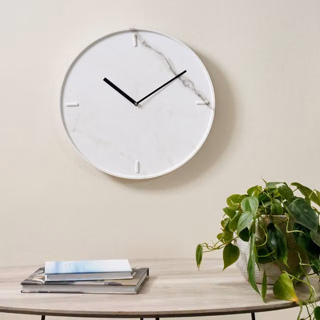 Pacific Lifestyle Minimalist White Marble Effect Round Wall Clock, Diameter: 40 cm