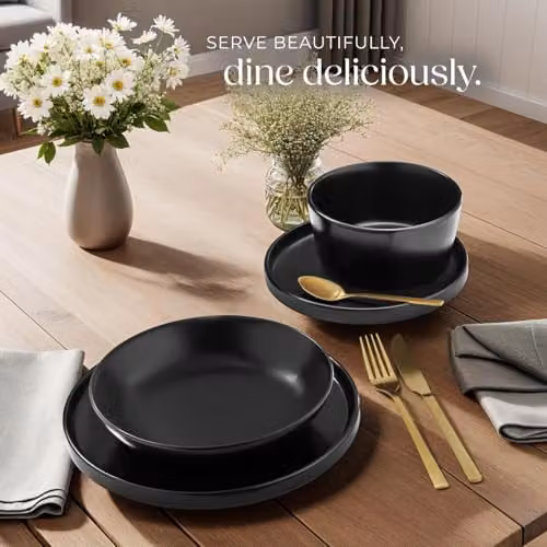 tectake 24-Piece Black Stoneware Dinnerware Set for 6 People – 8