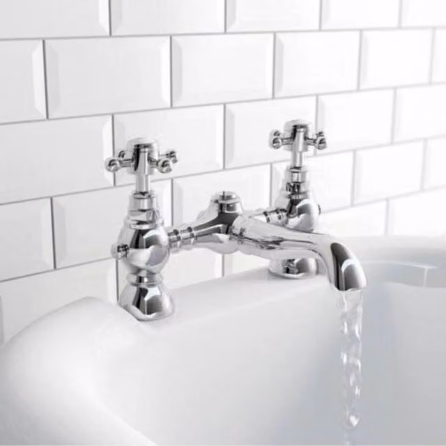 Nes Home Chrome Two-Handle Brass Bath Filler Mixer Tap for Bathtubs in Metallic Silver