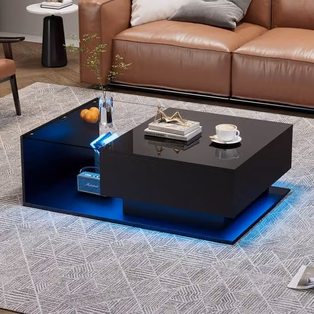 Rolipo Black LED Coffee Table with Glass Top and Storage Drawer