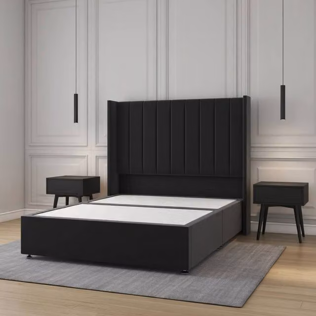 Regional Furnishings Double Divan Bed in Black Plush Velvet with 54 inch Headboard – 1