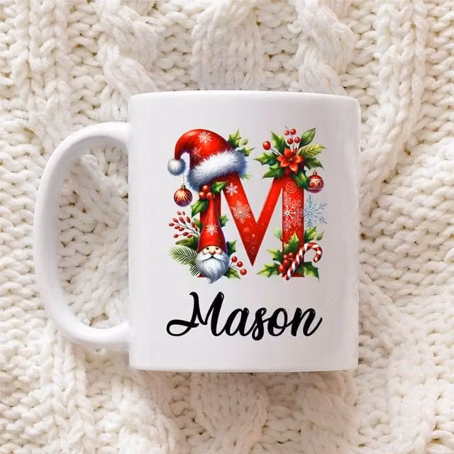 60 SECOND MAKEOVER Personalised Christmas Initial Mug in Red with White Gnome Gonk Font