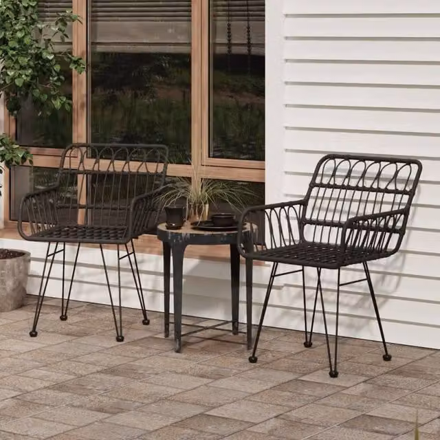 Berkfield Home Set of 2 Black PE Rattan Garden Chairs with Armrests, W/D/H: 56 x 64 x 80 cm