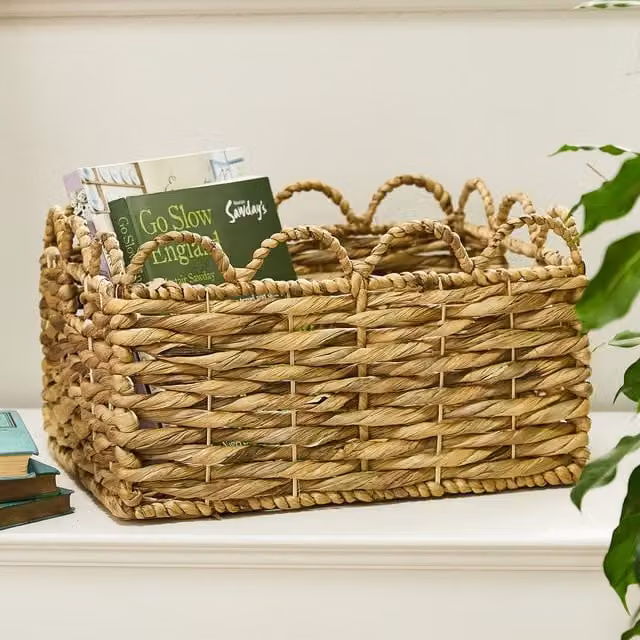 Dibor Woven Medium Scalloped Water Hyacinth Indoor Storage Basket in Beige