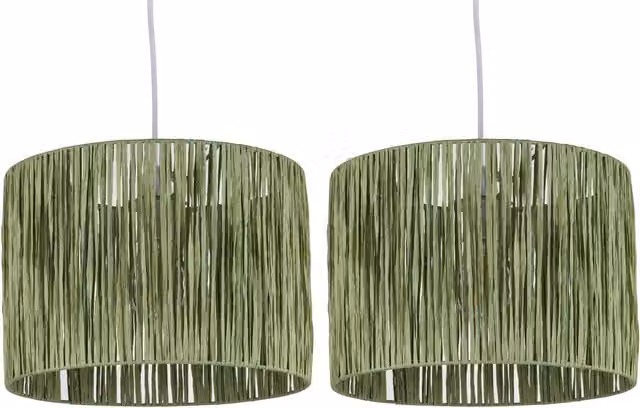 First Choice Lighting Set of 2 Green Raffia Rattan Round Pendant Lamp Shades, Diameter: 28 cm
