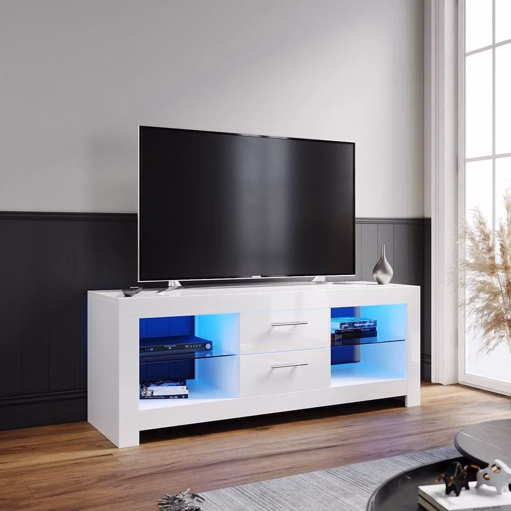 FLAVORA High Gloss White TV Stand Unit with Integrated Lighting, W/D/H: 130 x 40 x 50 cm – 4