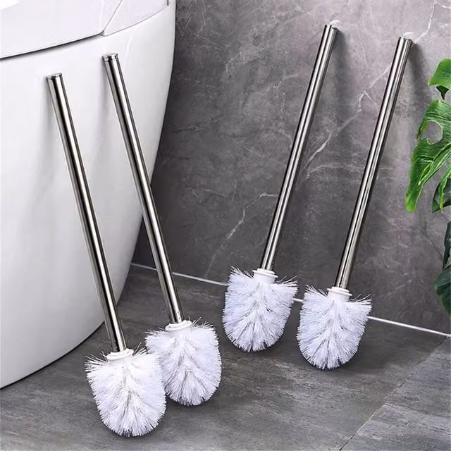 Pawnora 4-Piece White Freestanding Toilet Brush Set with Stainless Steel and Plastic Brushes