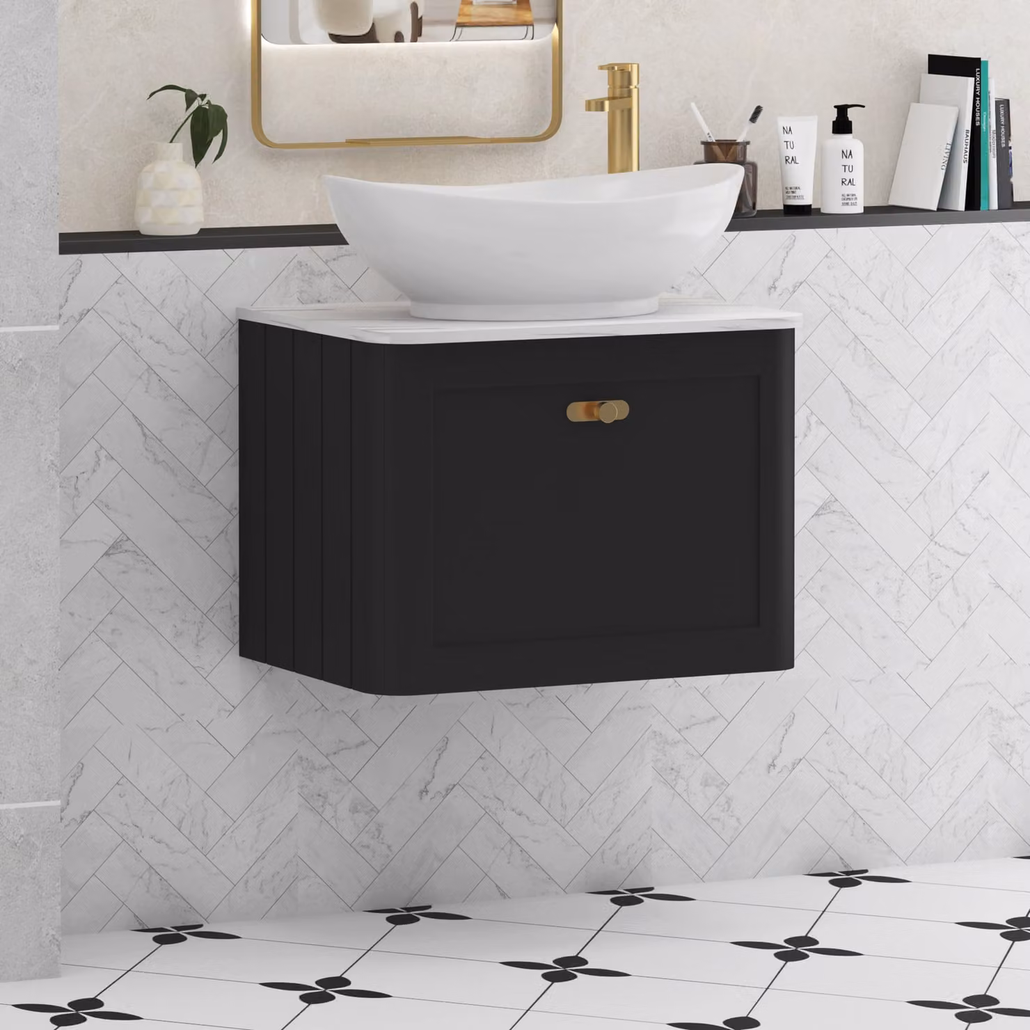 Royal Bathrooms Henley Matt Nocturne Black Wall Hung Vanity Unit with Carrara White Worktop and One Drawer
