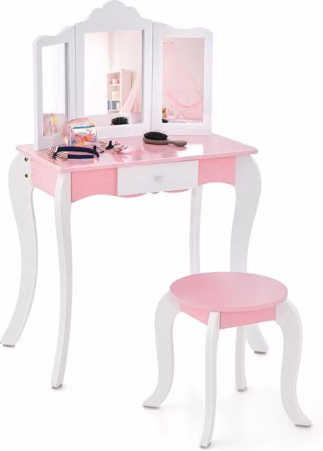 Costway Kids Vanity Table and Stool Set with Tri-Fold Mirror in White