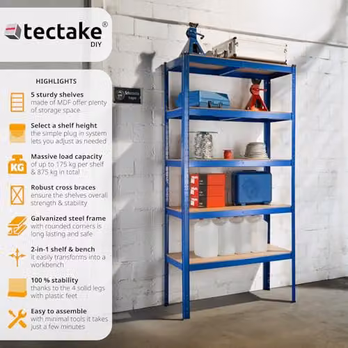 tectake Heavy-Duty 5-Tier Garage Shelving Unit with MDF Shelves, Blue, W/D/H: 180.5 x 90.5 x 40.5 cm – 3