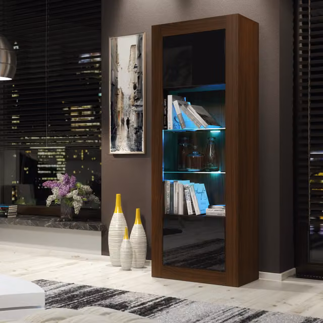 Creative Furniture Illume Modern Display Cabinet in Walnut and Black with Glass Doors and LED Lighting, H 170 x W 63 x D 35 cm