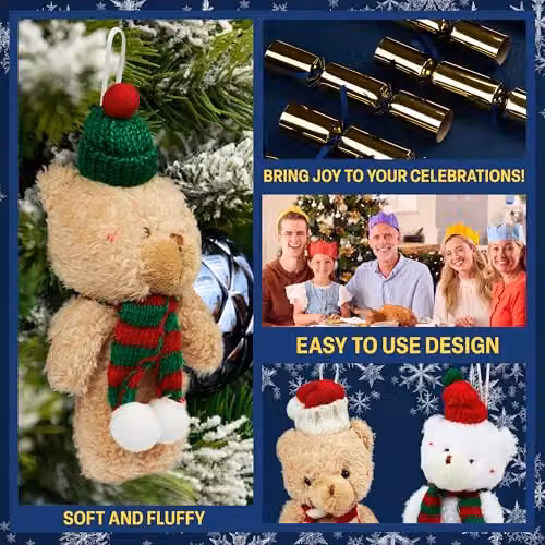 KreativeKraft Set of 6 Luxury Gold Plush Animal Christmas Crackers and Hanging Tree Ornaments – 8