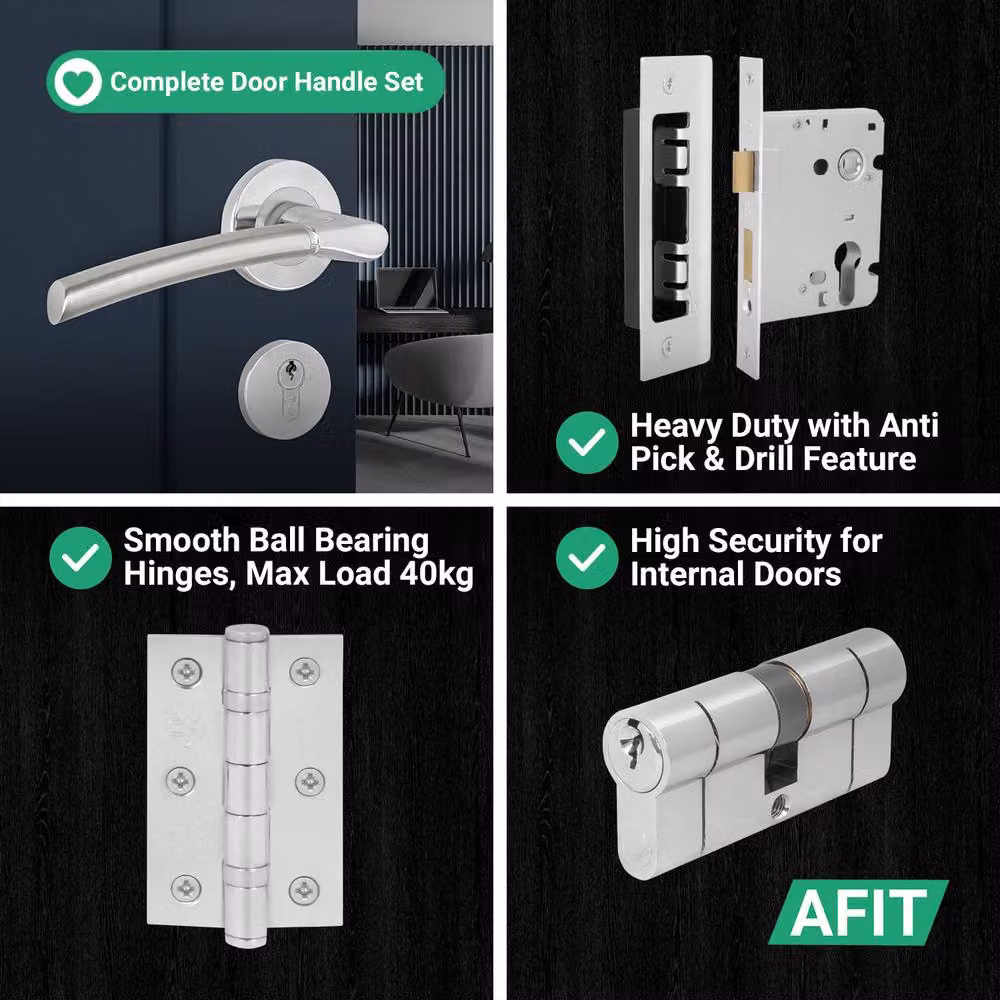 AFIT Duo Finish Silver Aluminium Door Handle, Euro Lock Cylinder and Hinge Set, W/D/H: 15.0 x 6.6 x 2.0 cm – 2