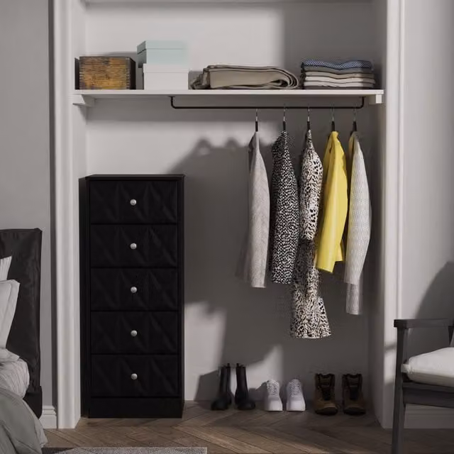 Ready Assembled 2 U Memphis 5 Drawer Tall Bedside Chest in True Black