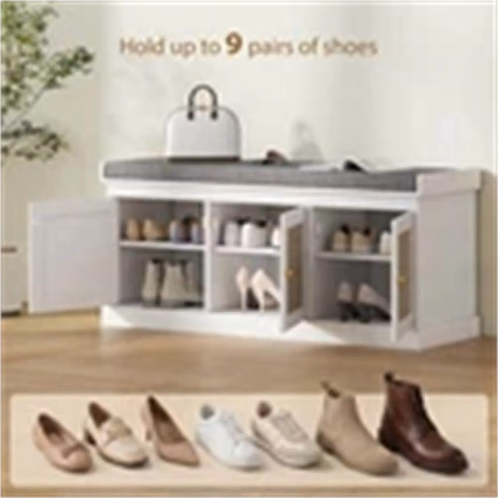Nordara White Shoe Storage Bench with Rattan Doors – 2