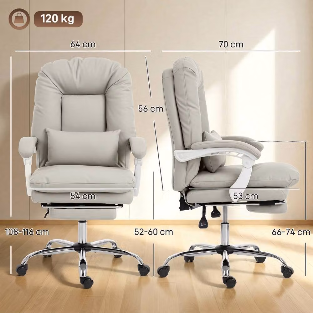 HOMCOM Modern Executive Reclining Office Chair with Headrest and Armrests in Beige Synthetic Leather – 3