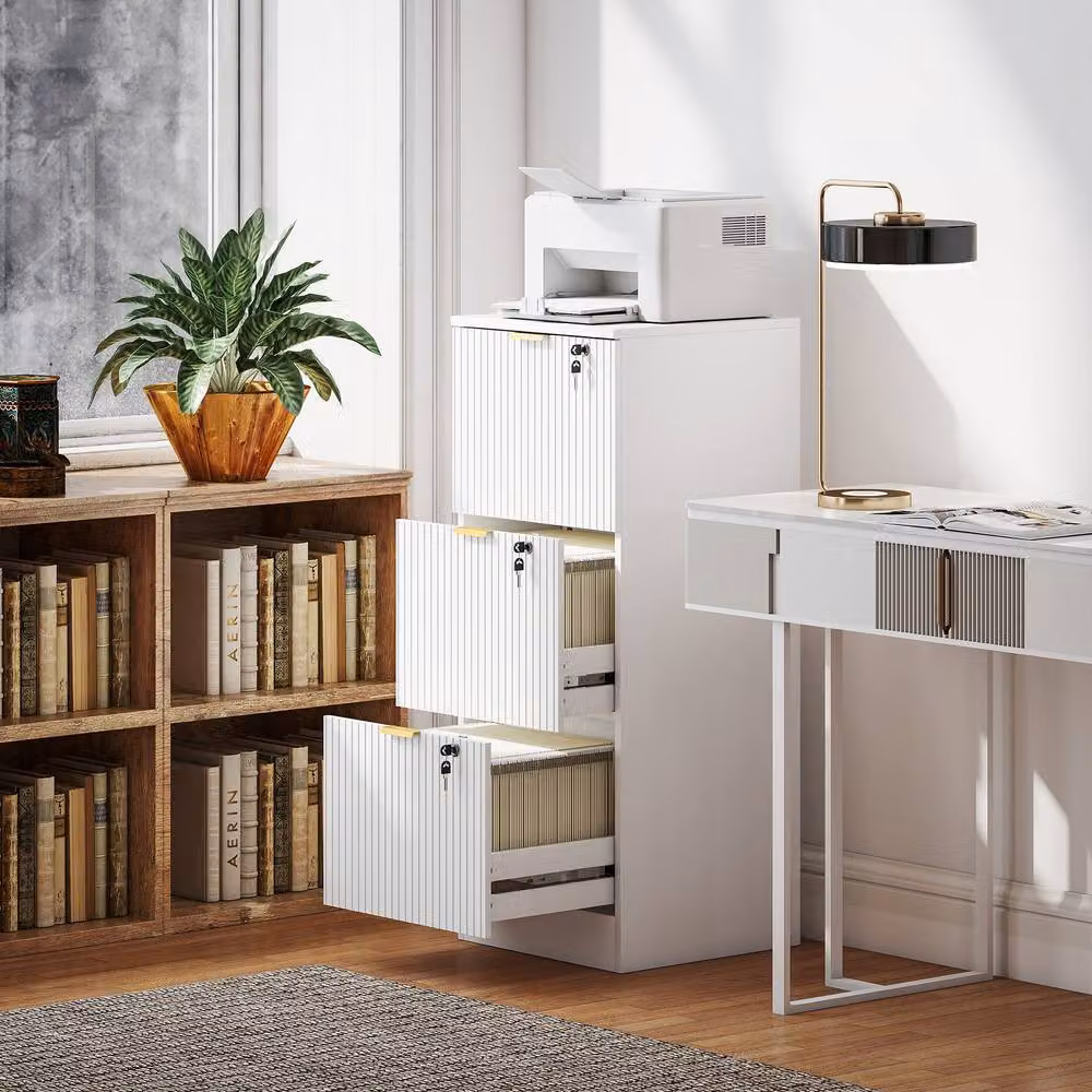 STILVORA White Lacquered Filing Cabinet with 3 Lockable Drawers, W/D/H: 40 x 40 x 101 cm – 3