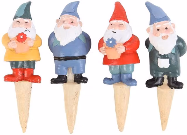 Kingsbury Gifts Set of 4 Mini Gnome Plant Pot Pals in Multicolour and White Plastic