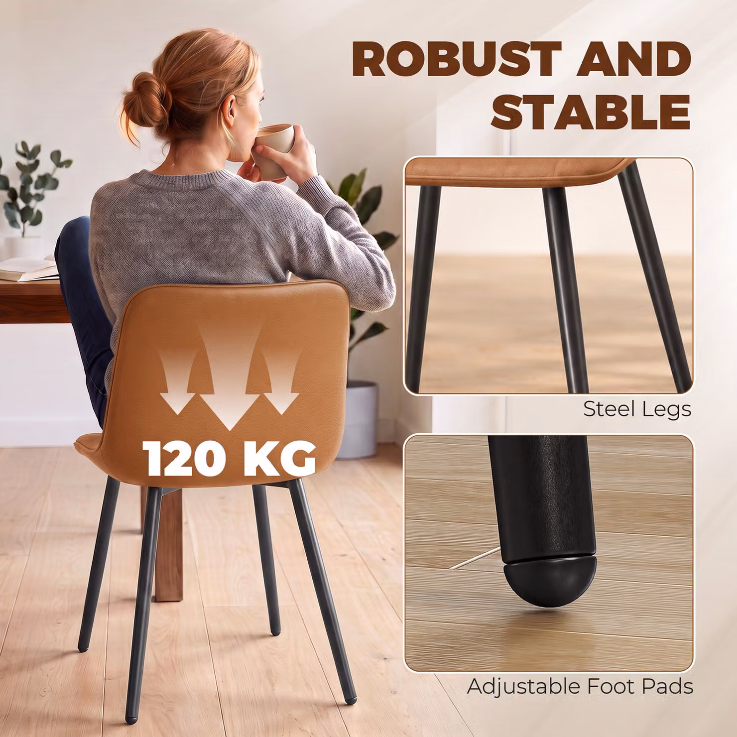 HOMCOM Set of 2 Modern Faux Leather Upholstered Kitchen and Dining Chairs with Metal Legs, Brown – 5