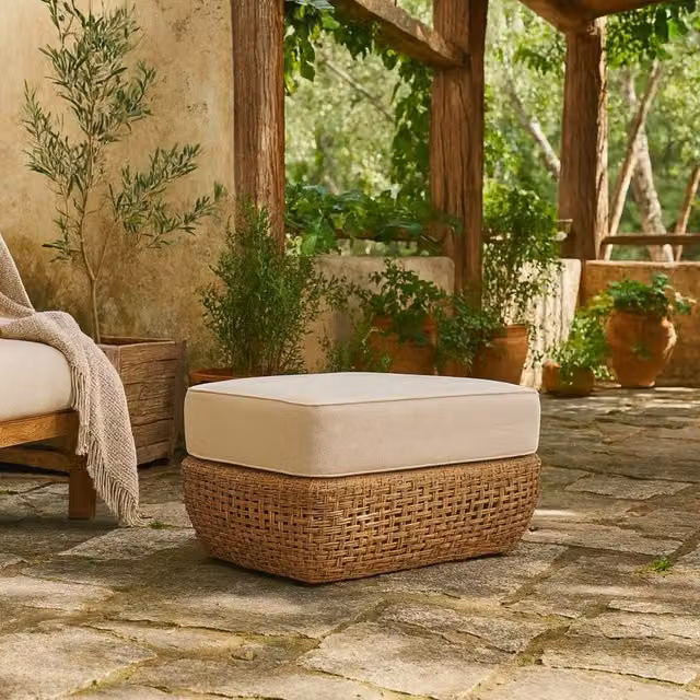 Wyld Haus Sardinia Outdoor Rattan Footstool with Brown Cushion in Beige – 1