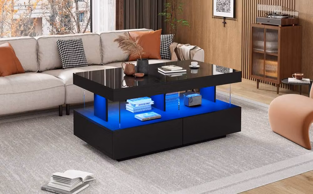 BTM High Gloss Coffee Table with LED Storage Drawers in Black, W: 60 cm, D: 49.5 cm, H: 35.76 cm – 2