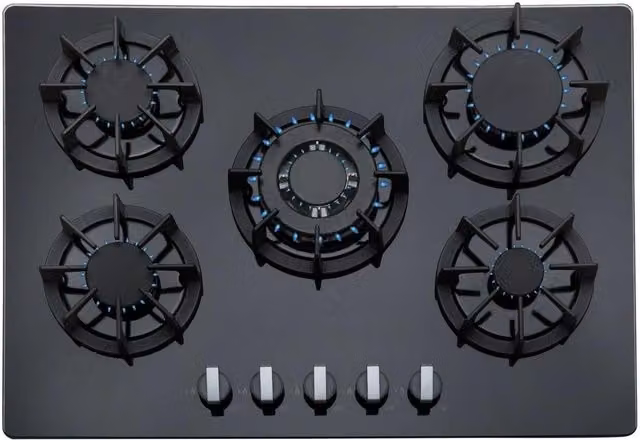 SIA Black 5 Burner Gas On Glass Built-in Hob with Cast Iron Pan Stands, Width: 70 cm – 1