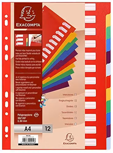 Exacompta A4 Rigid Opaque Plastic Dividers with 12 Blank Tabs in Multicolour