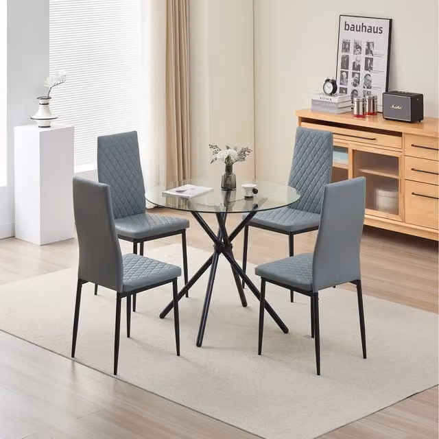 Madefor.living New York Round Glass Dining Table and Emily Leather Chairs Set in Grey