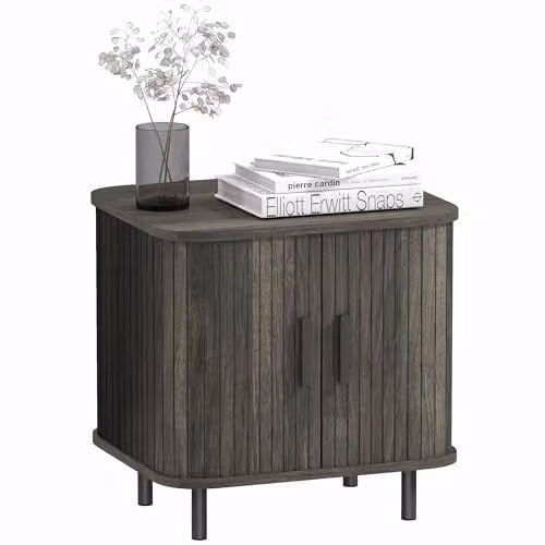 HOMCOM Scandinavian Grey Bedside Table with Sliding Doors and Metal Legs W/D/H: 40 x 30 x 48 cm – 1