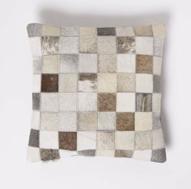 Homescapes Grey Checked Leather Square Cushion, 45 x 45 cm